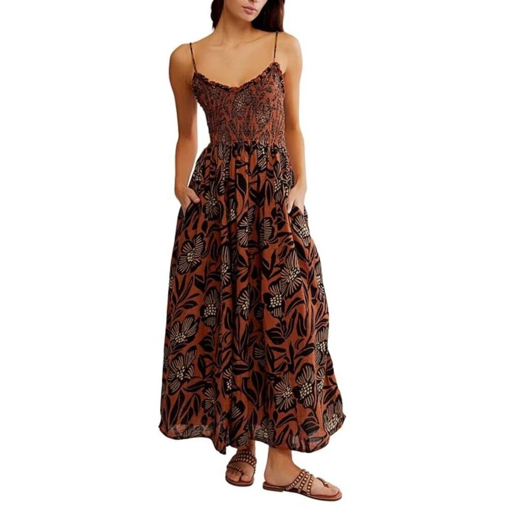 Free People Rust and Black Floral Midi Dress